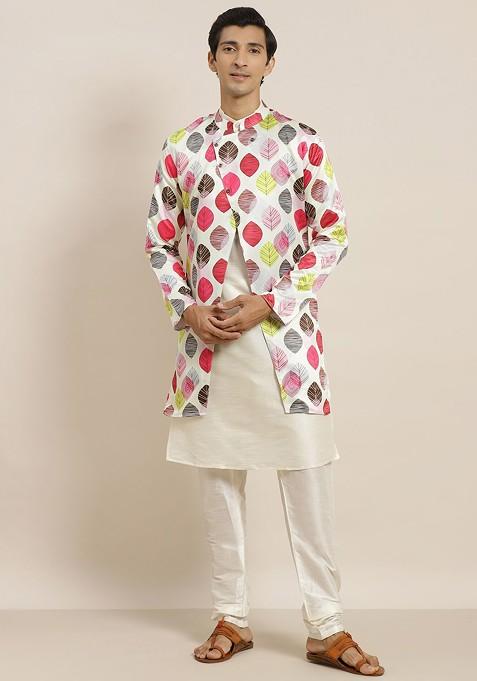 Off White Printed Poly Blend Kurta Set For Men — view on Indya