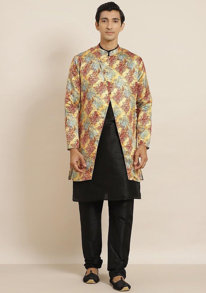 Black Solid Poly Blend Kurta Set For Men
