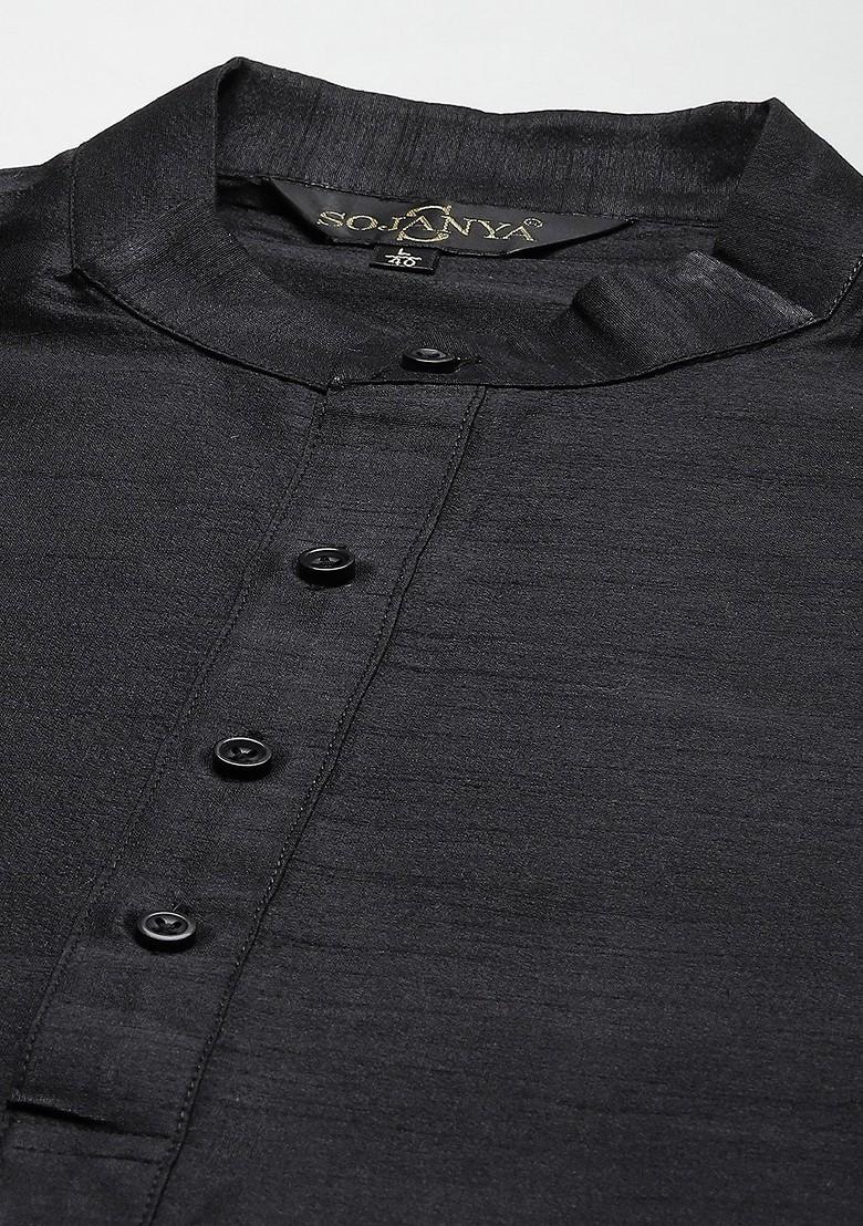 Black Solid Poly Blend Kurta Set For Men