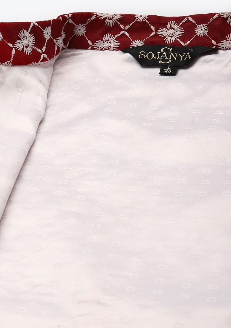 Off White Solid Poly Blend Kurta Set For Men