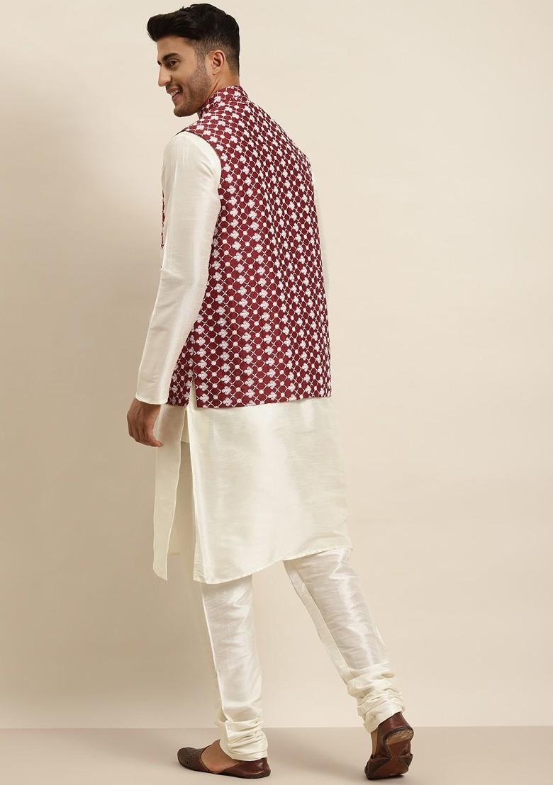 Off White Solid Poly Blend Kurta Set For Men