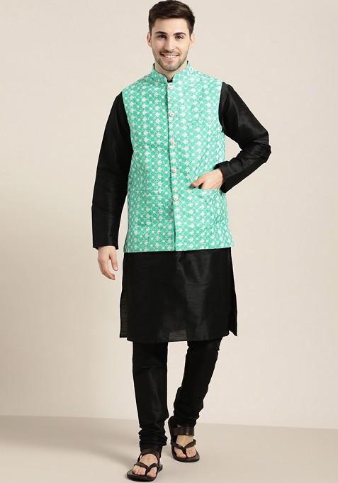 Black Embroidered Poly Blend Kurta Set For Men