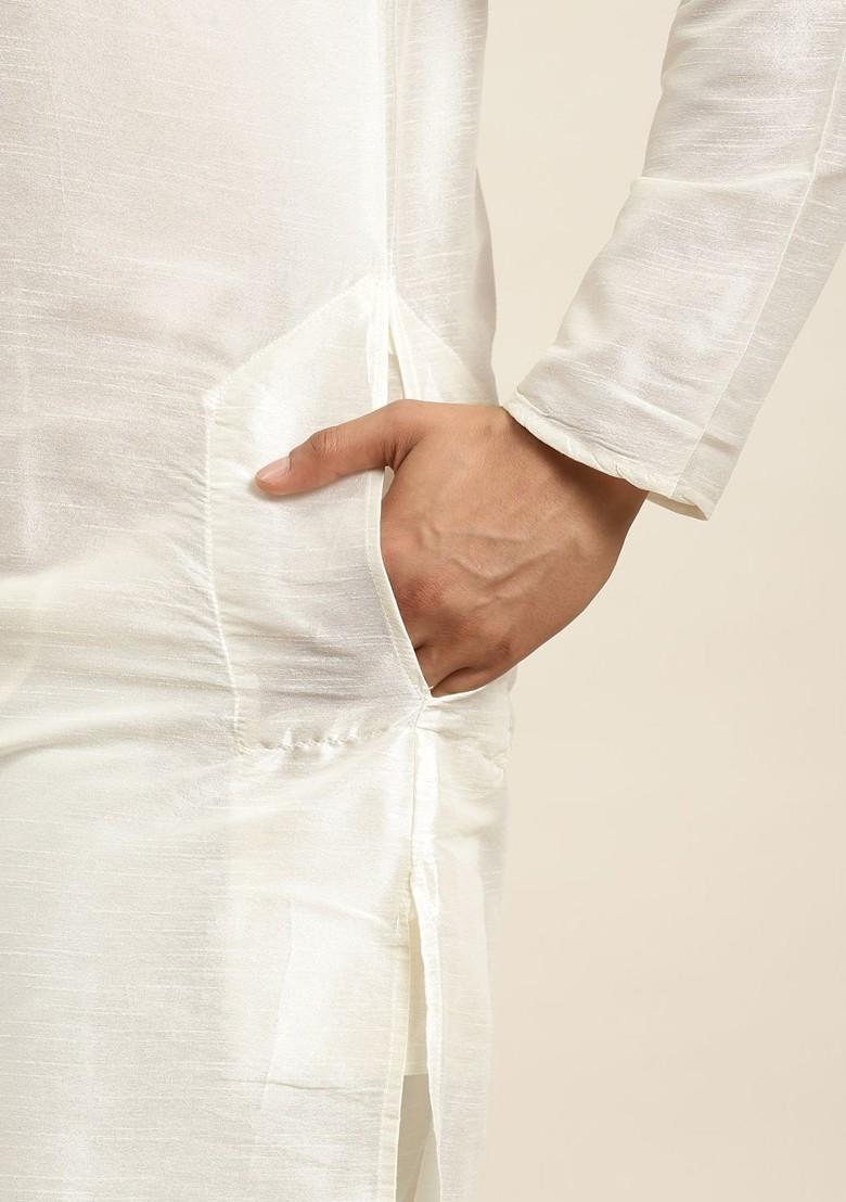 Off White Solid Poly Blend Kurta Set For Men