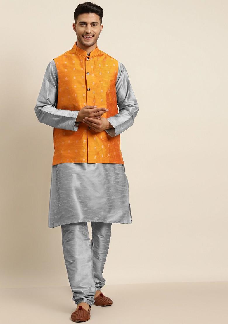 Grey Woven Poly Blend Kurta Set For Men