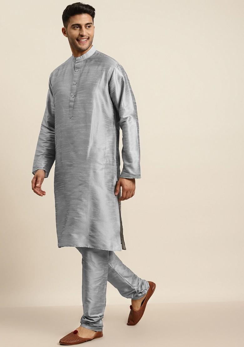 Grey Woven Poly Blend Kurta Set For Men