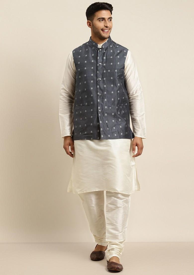 Off White Woven Poly Blend Kurta Set For Men