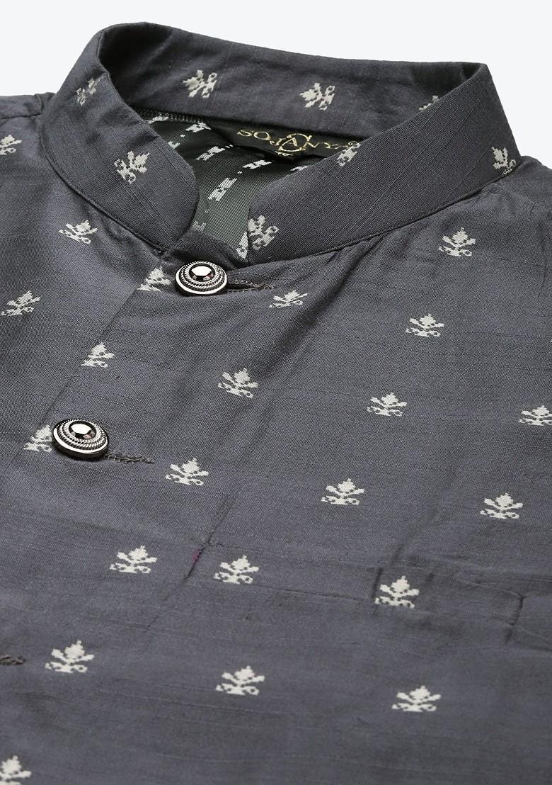 Off White Woven Poly Blend Kurta Set For Men