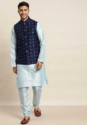 Turquoise Blue Solid Poly Blend Kurta Set For Men