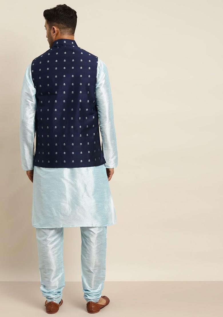 Turquoise Blue Solid Poly Blend Kurta Set For Men