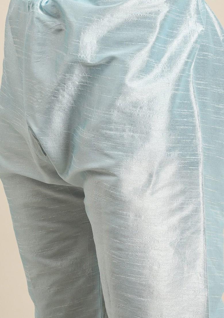 Turquoise Blue Solid Poly Blend Kurta Set For Men