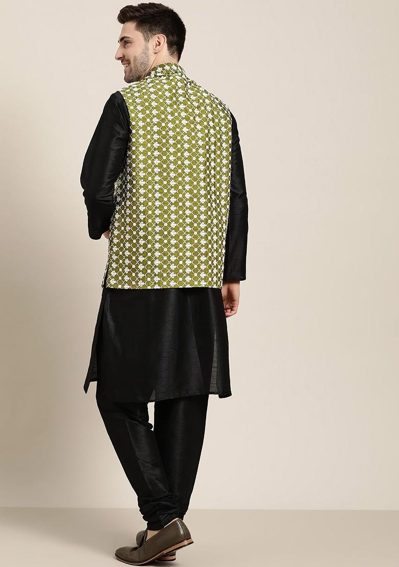 Black Solid Poly Blend Kurta Set For Men