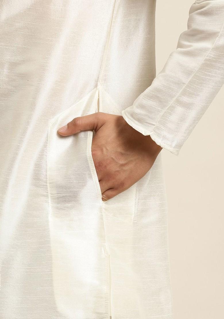 Off White Solid Poly Blend Kurta Set For Men