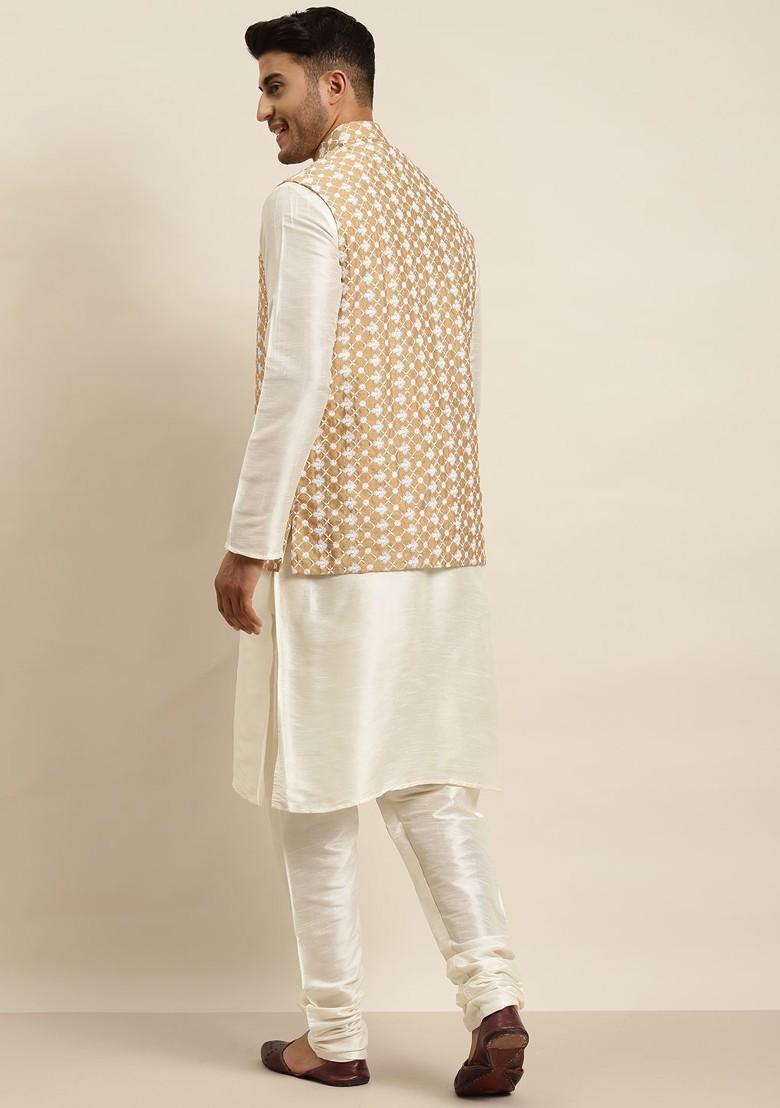Off White Solid Poly Blend Kurta Set For Men