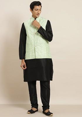 Black Thread Work Poly Blend Kurta Set For Men