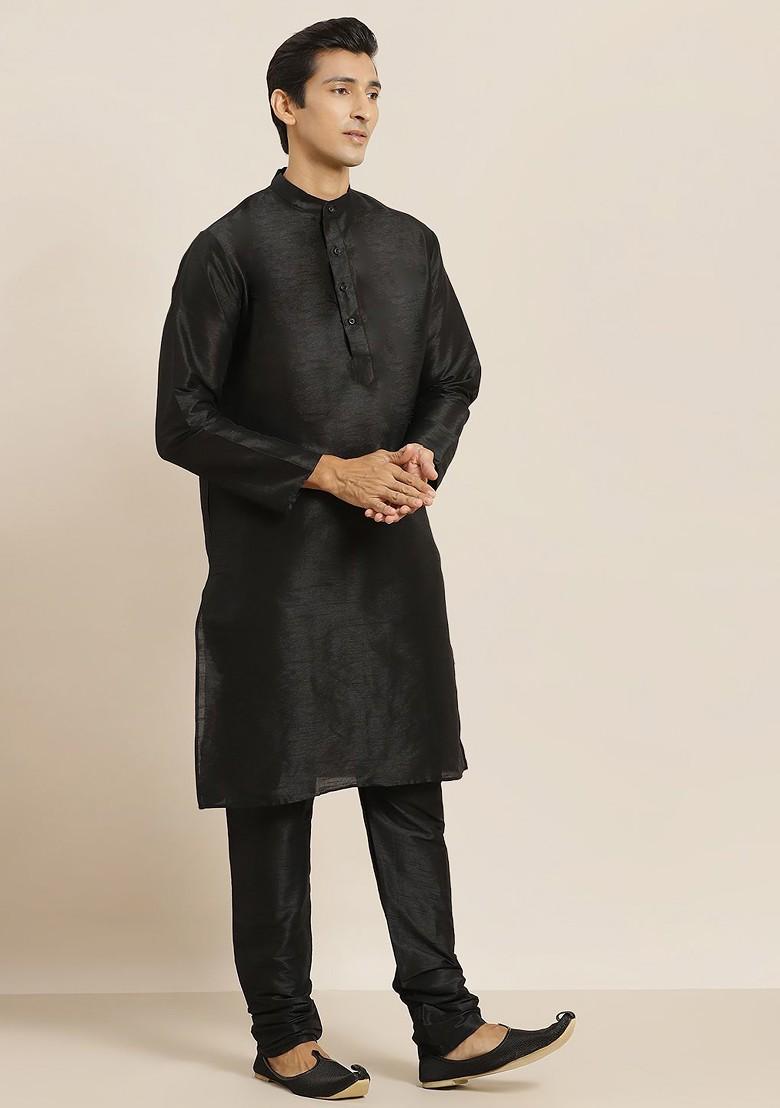 Black Thread Work Poly Blend Kurta Set For Men