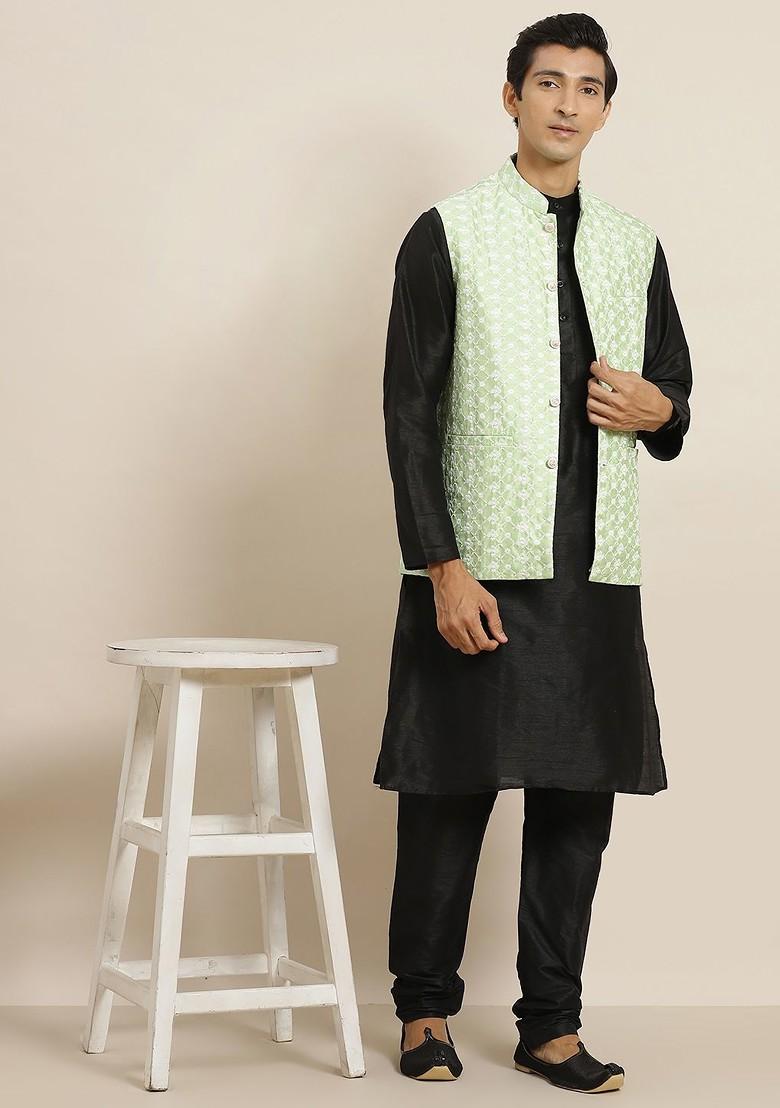 Black Thread Work Poly Blend Kurta Set For Men