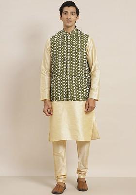 Beige Thread Work Poly Blend Kurta Set For Men