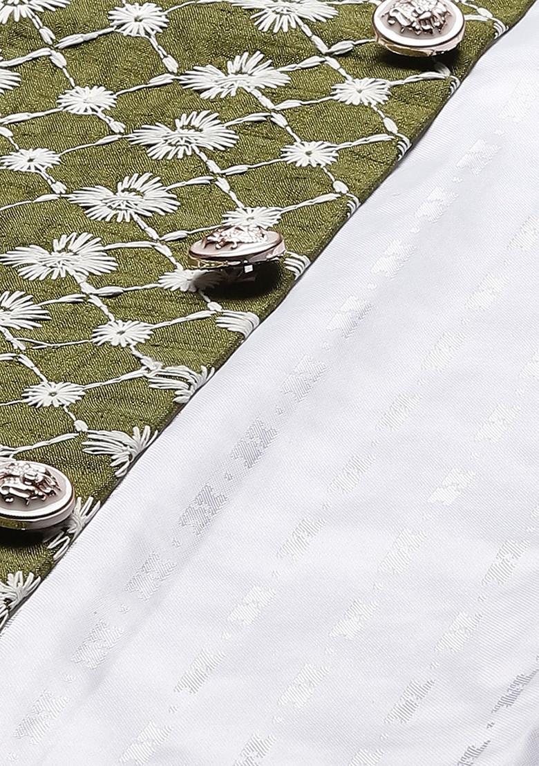 Beige Thread Work Poly Blend Kurta Set For Men