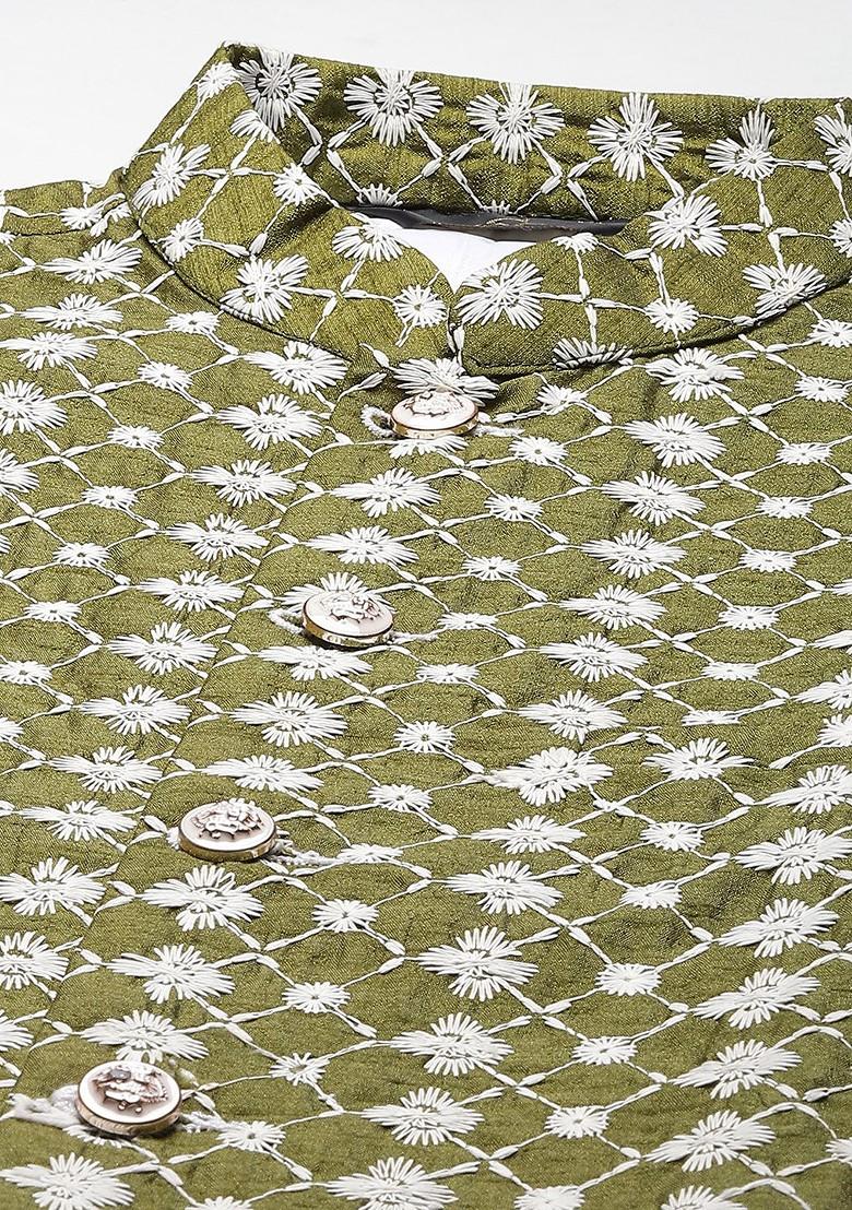 Beige Thread Work Poly Blend Kurta Set For Men