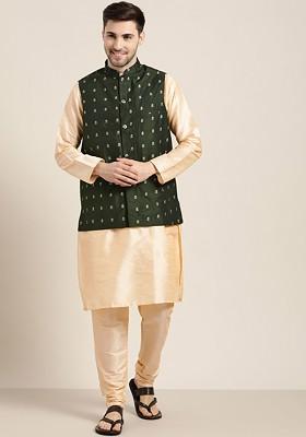 Beige Solid Jacquard Kurta Set For Men