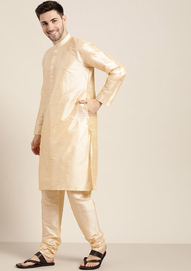 Beige Solid Jacquard Kurta Set For Men