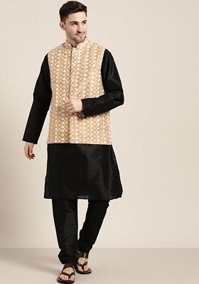 Black Thread Work Poly Blend Kurta Set For Men