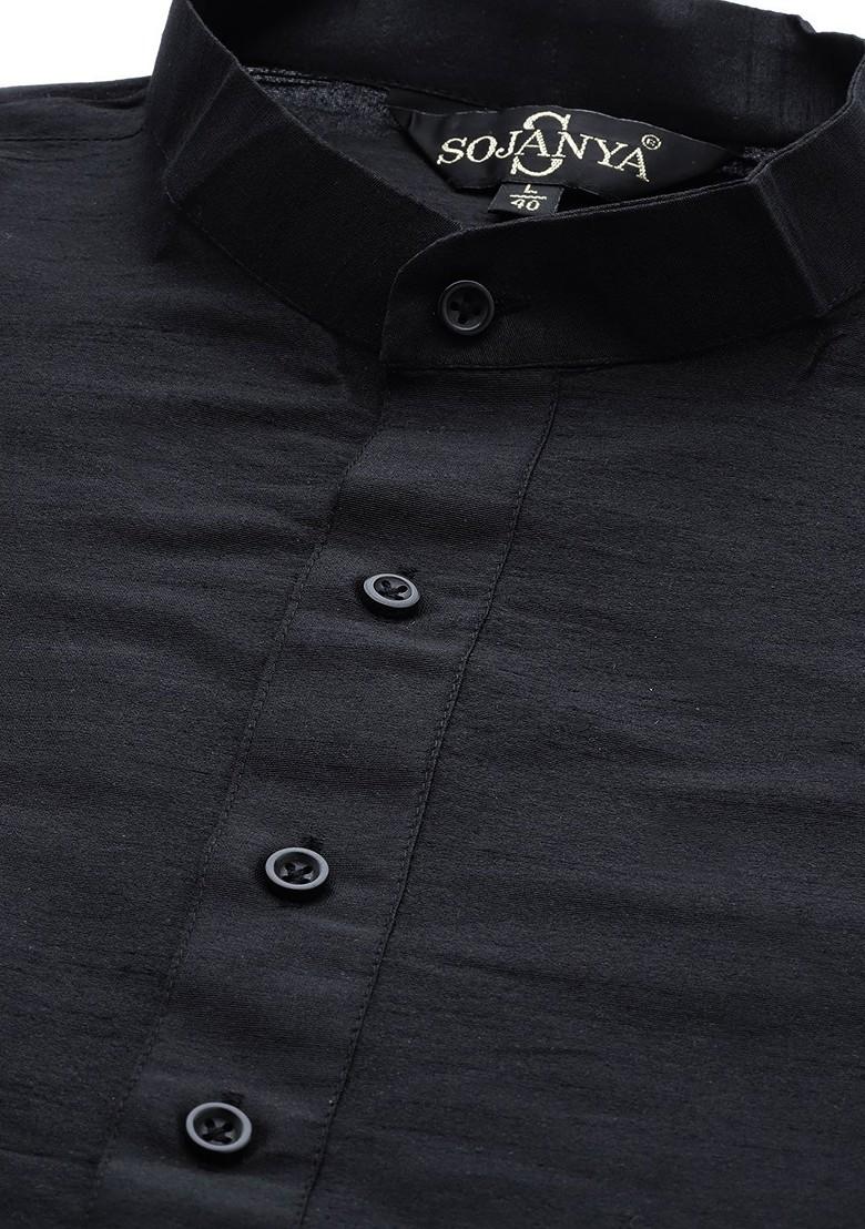 Black Thread Work Poly Blend Kurta Set For Men