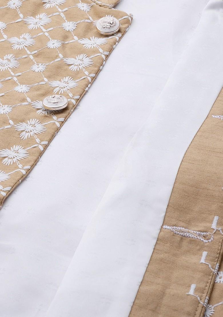 Black Thread Work Poly Blend Kurta Set For Men