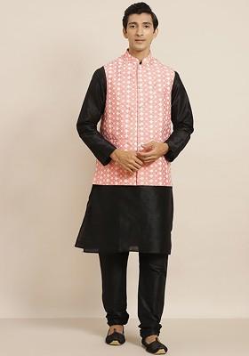 Black Thread Work Poly Blend Kurta Set For Men