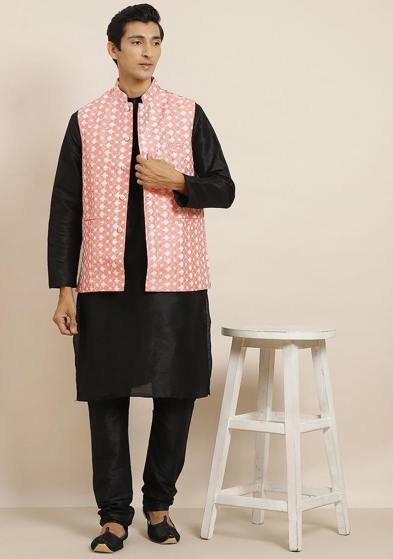 Black Thread Work Poly Blend Kurta Set For Men