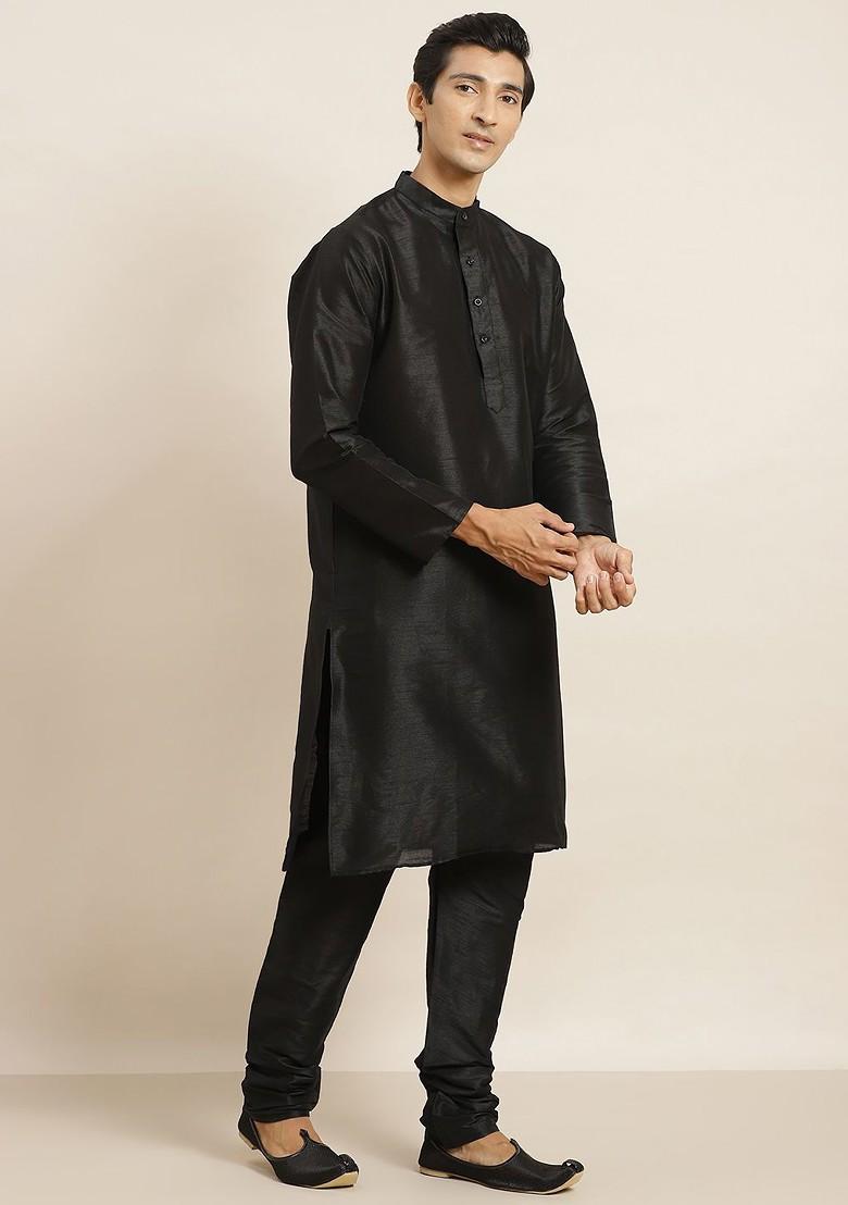 Black Thread Work Poly Blend Kurta Set For Men