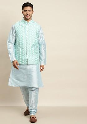 Blue Thread Work Poly Blend Kurta Set For Men