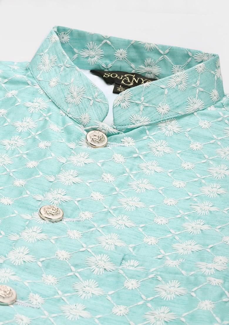 Blue Thread Work Poly Blend Kurta Set For Men
