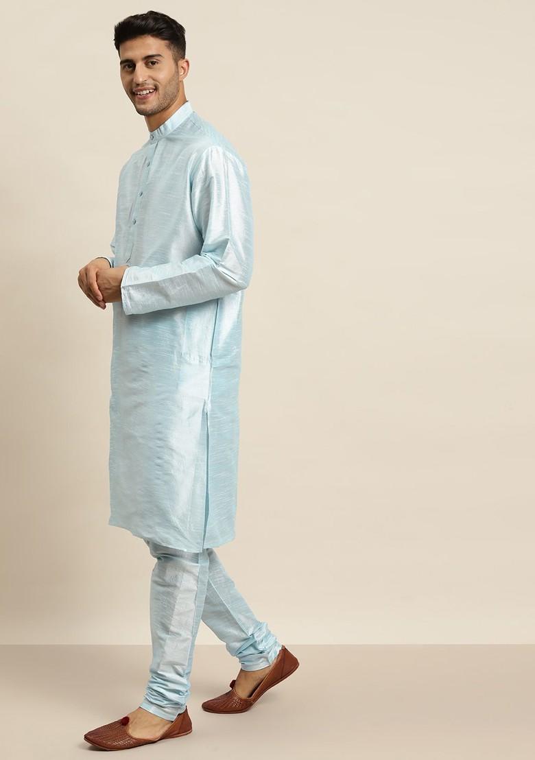 Blue Thread Work Poly Blend Kurta Set For Men