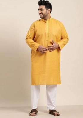 Mustard Thread Work Cotton Kurta Set For Men