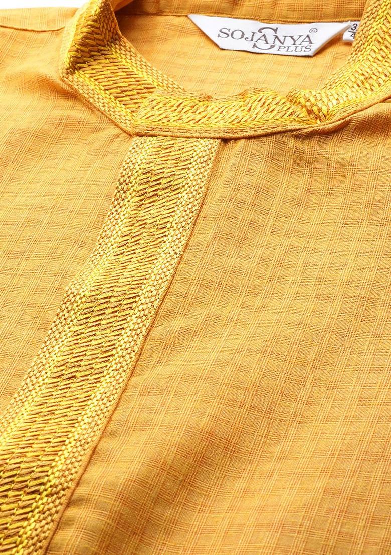 Mustard Thread Work Cotton Kurta Set For Men