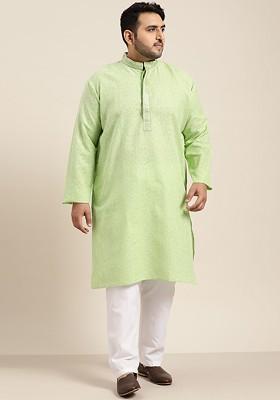 Green Checked Cotton Kurta Set For Men