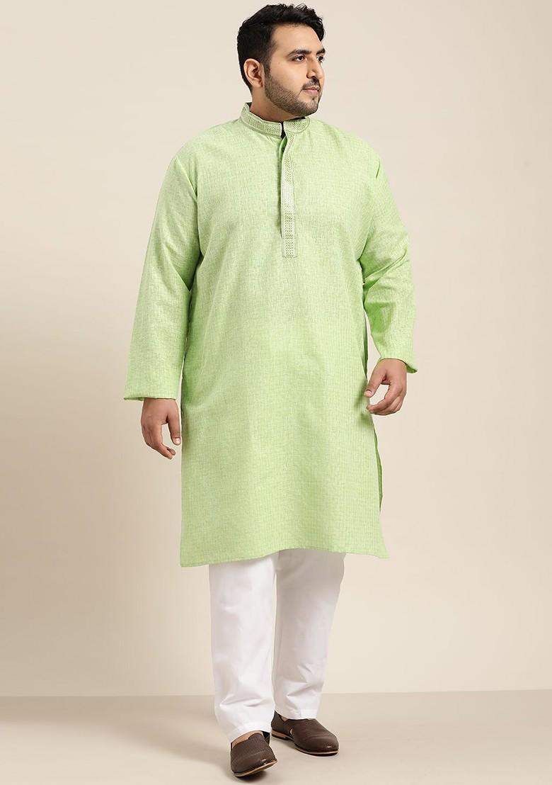 Green Checked Cotton Kurta Set For Men
