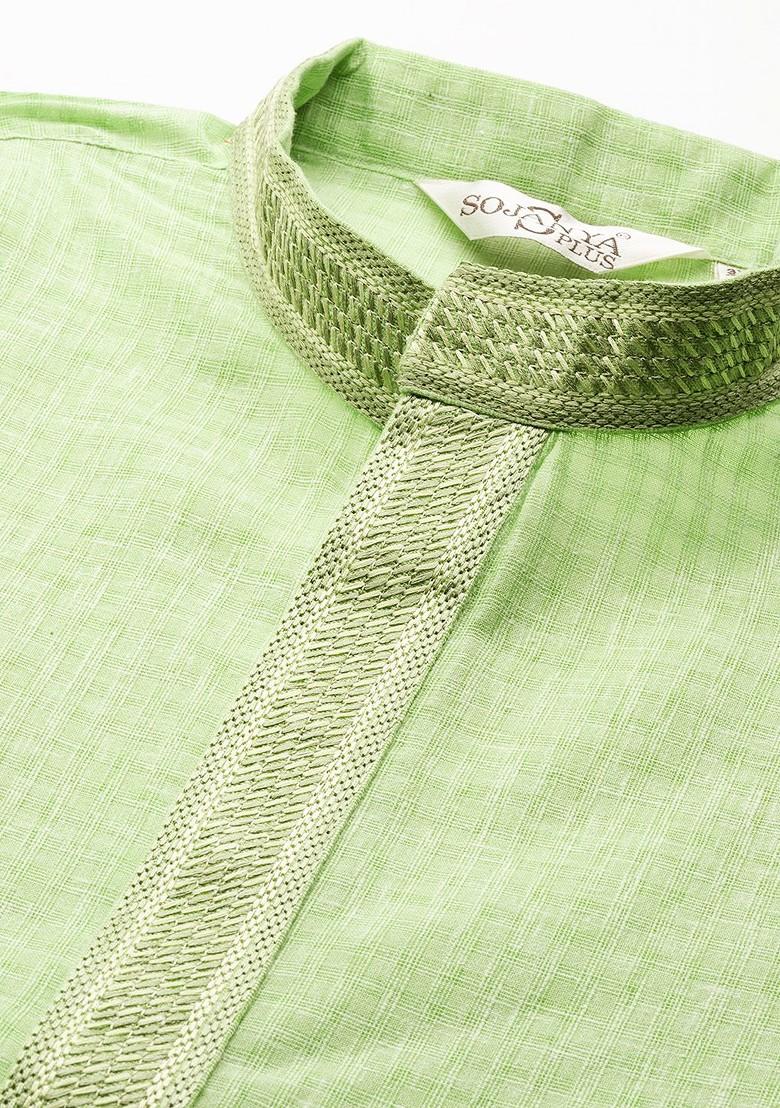 Green Checked Cotton Kurta Set For Men