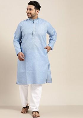 Blue Solid Cotton Kurta Set For Men