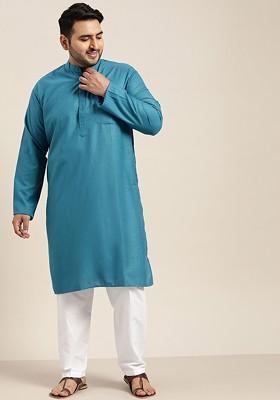 Blue Solid Cotton Kurta Set For Men