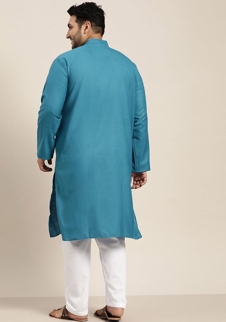 Blue Solid Cotton Kurta Set For Men