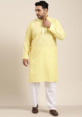 Yellow Solid Cotton Kurta Set For Men