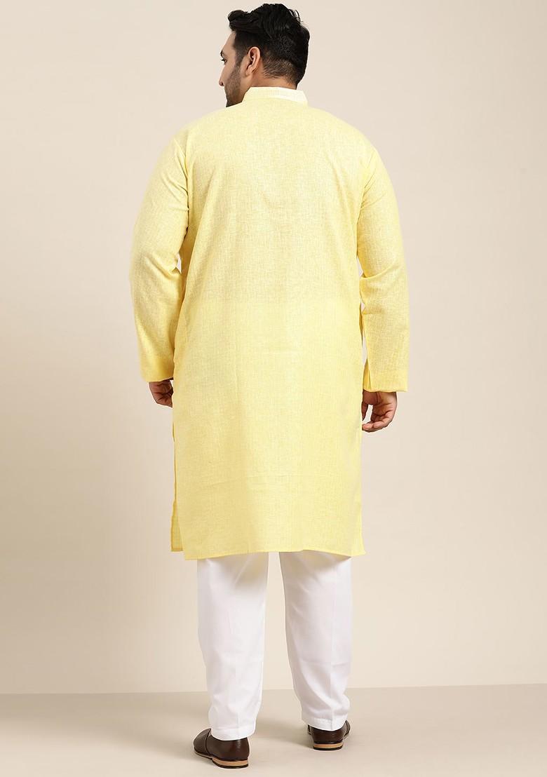 Yellow Solid Cotton Kurta Set For Men