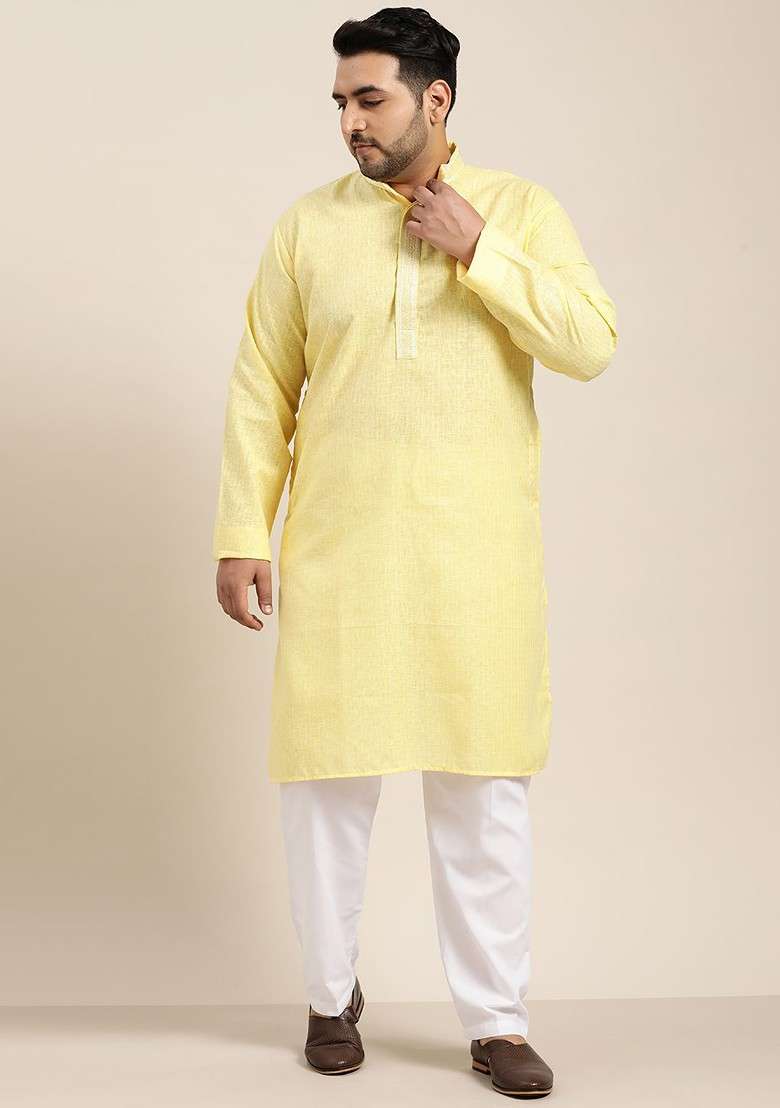 Yellow Solid Cotton Kurta Set For Men - Indya