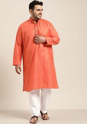 Coral Pink Checked Cotton Kurta Set For Men
