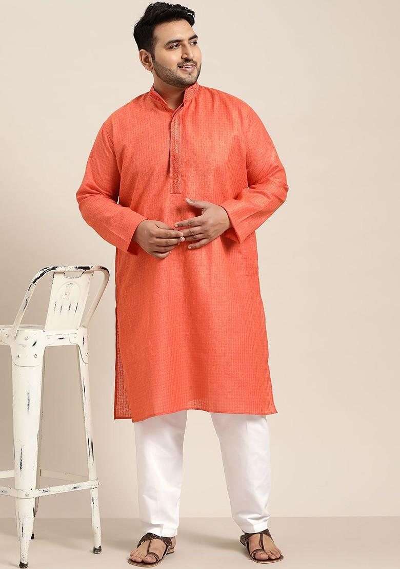 Coral Pink Checked Cotton Kurta Set For Men