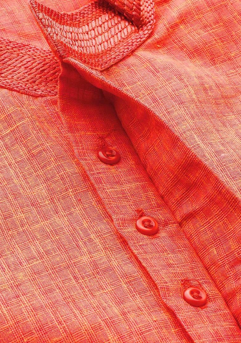 Coral Pink Checked Cotton Kurta Set For Men