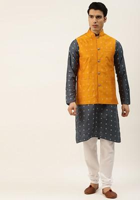 Charcoal Grey Ethnic Motifs Poly Blend Kurta Set For Men