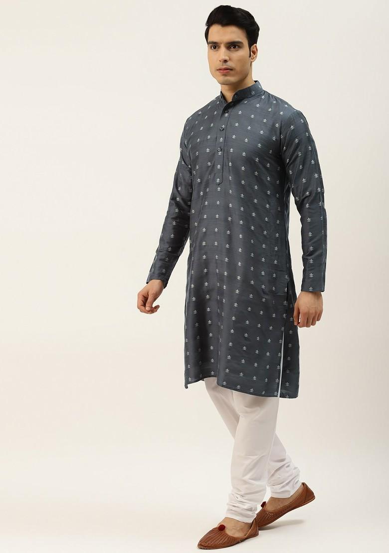 Charcoal Grey Ethnic Motifs Poly Blend Kurta Set For Men